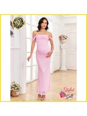 Women's Maternity Off Shoulder Maxi Dress Mesh Ruched Bodycon